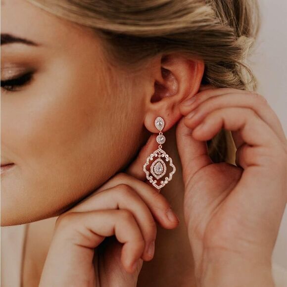 14K Rose Gold with White Diamond CZ Art Deco Chandelier Post Back Drop Earrings - Picture 5 of 6
